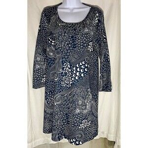 ENMAIN Women’s Geometric Knit Stretch Tunic Top XL Blue/White Scoop Neck